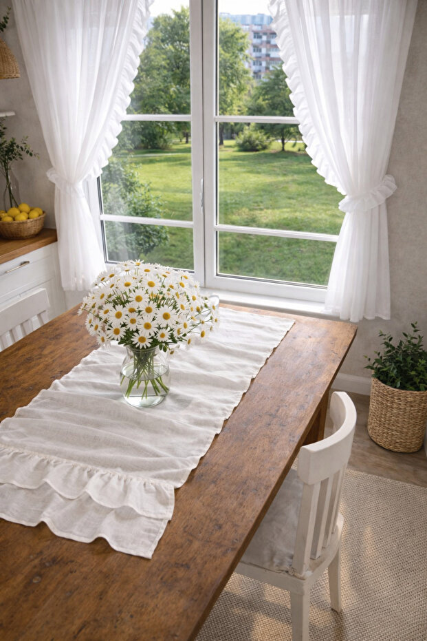 Linen Runner Decorative Frilly Plain Runner - 1