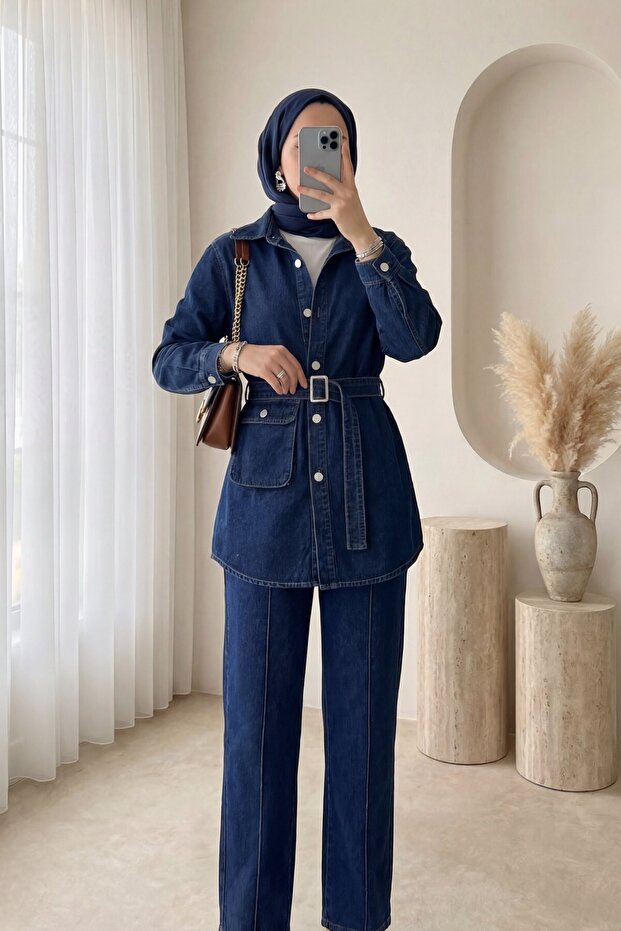Bag, Pocketed Trousers, Denim Suit - Navy Blue