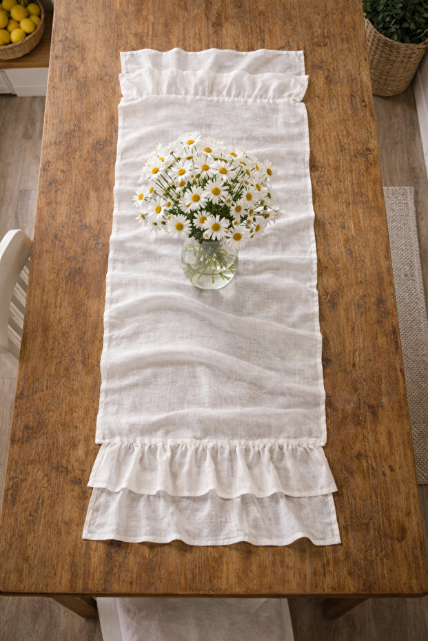 Linen Runner Decorative Frilly Plain Runner - 2