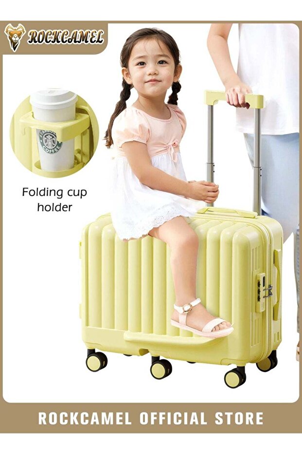 Kids Luggage Ride-On Suitcase, 20 Inch ABS Hard Shell Carry-On Case with Cup Holder & Side