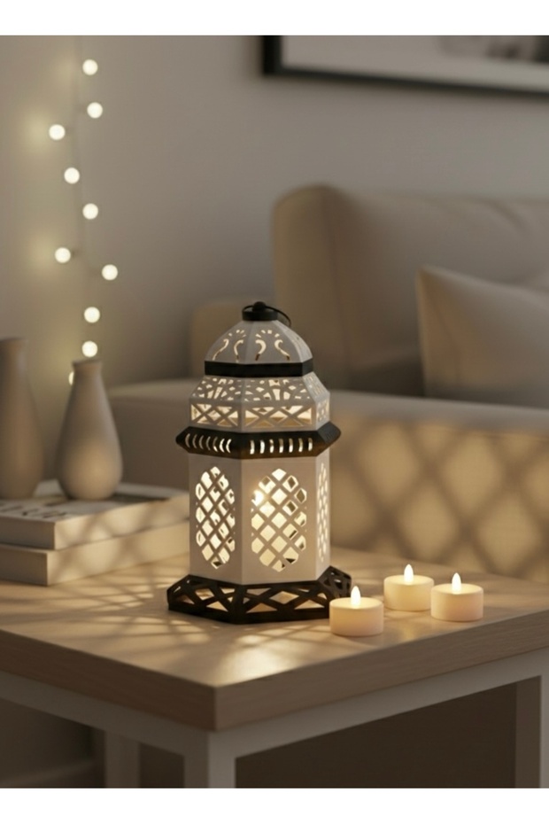 فانوس رمضان بثلاث شموع LED - ديكور منزلي إسلامي أنيق بإضاءة دافئة