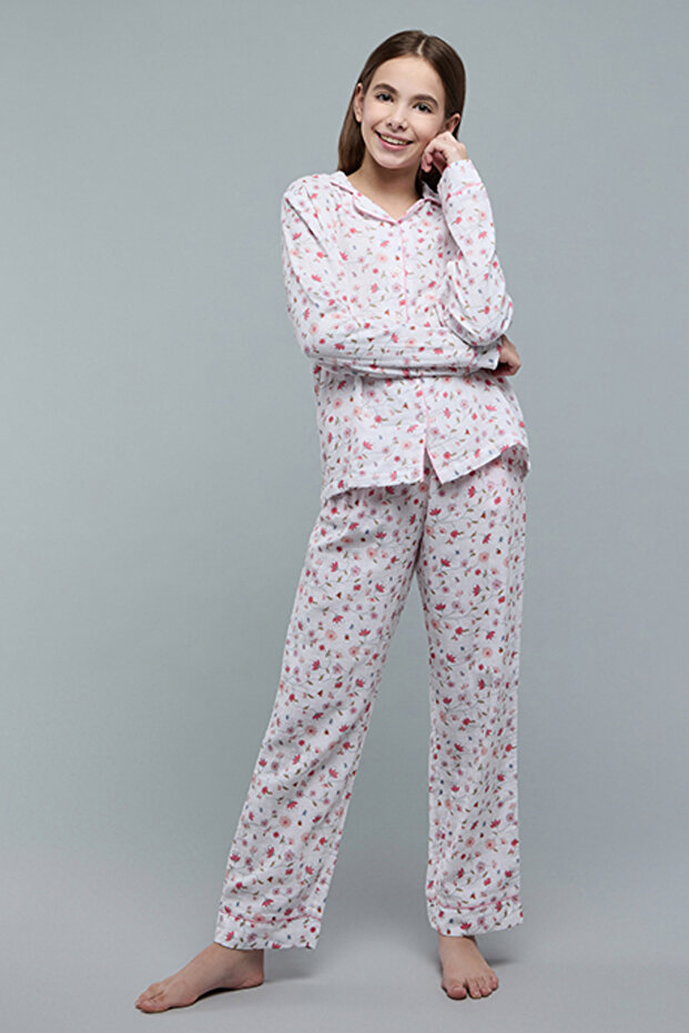 Girl's Cream Floral Print Pyjama Set