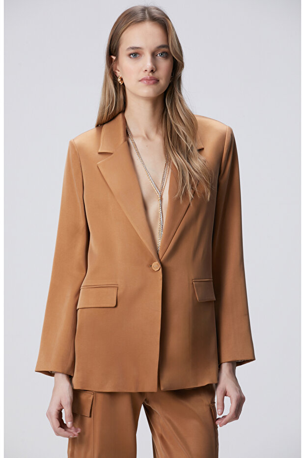 Camel Cupro Blazer Ceket - 4