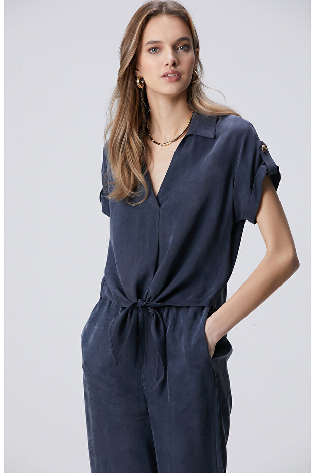 Lacivert Cupro Bluz - 4