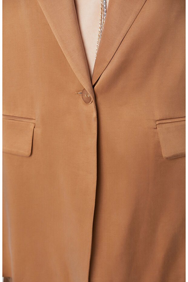 Camel Cupro Blazer Ceket - 6