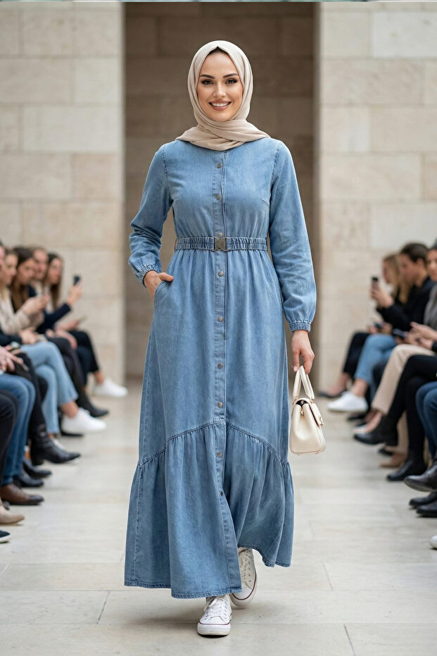 Women's Buttoned Belted Dark Blue Denim Dress