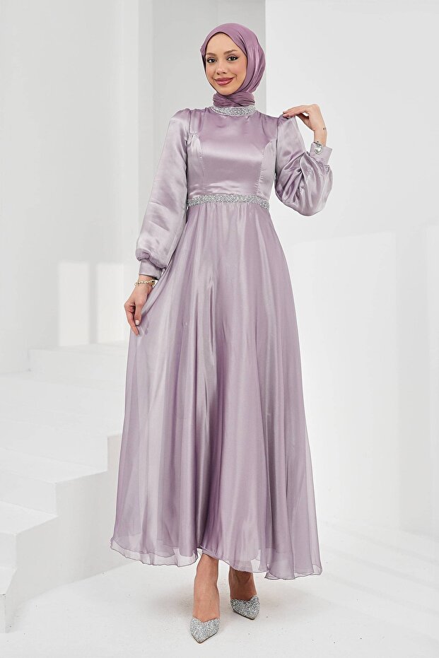 Lilac Collar Waist Stoned Balloon Sleeve Evening Dress