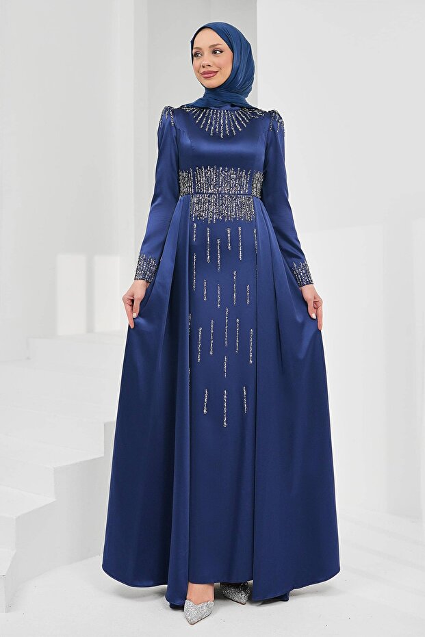 Navy Blue Satin Evening Dress with Stones on the Front