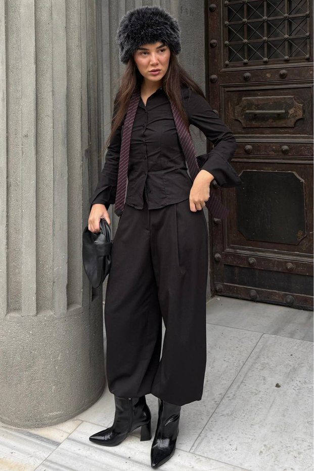 Black Pleated Pocket Balloon Women's Trousers Mg2692