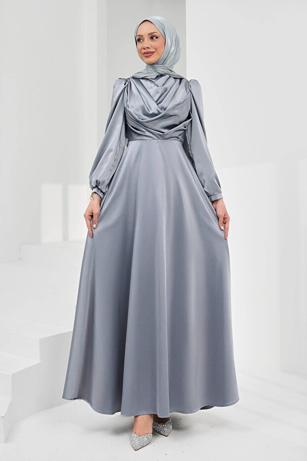 Gray Satin Evening Dress with Stones on the Front
