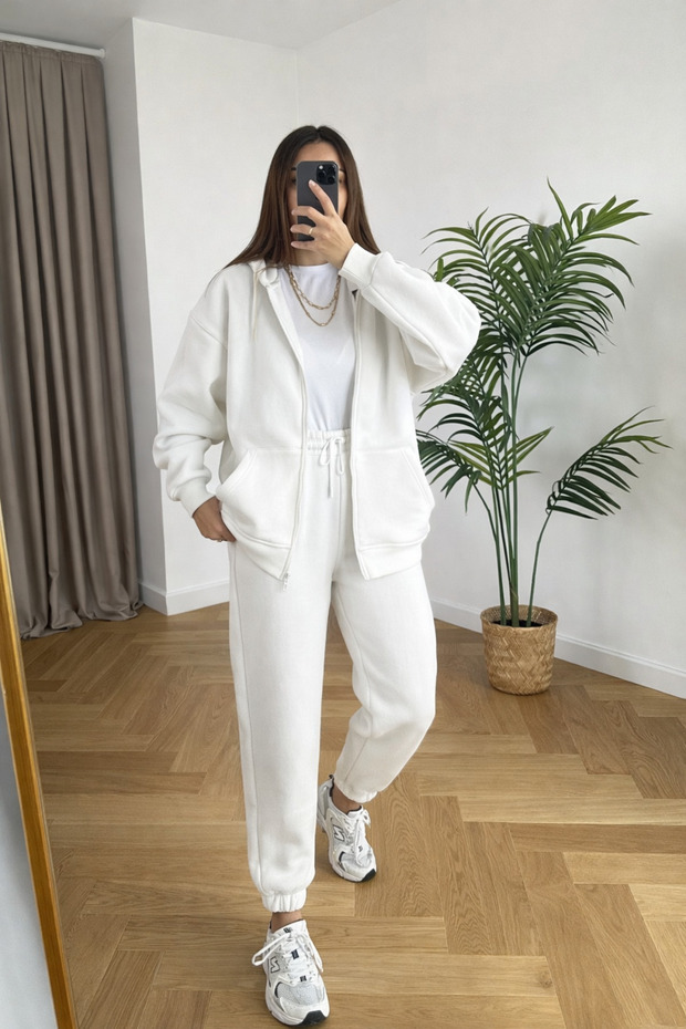 Women's 3-Thread Basic Hooded Zippered Cardigan Tracksuit Set