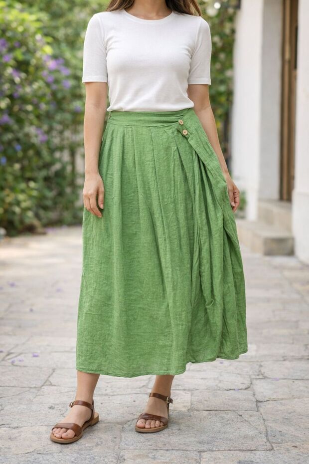 Women's New Season Buttoned % Cotton Fabric Skirt