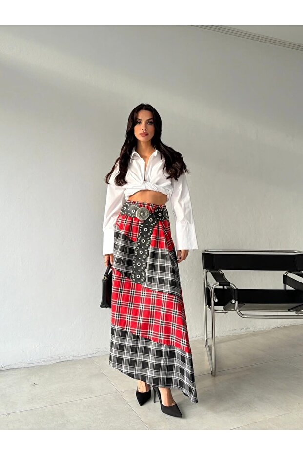 Kadın Kemerli Patchwork Ekose Maxi Etek - 1