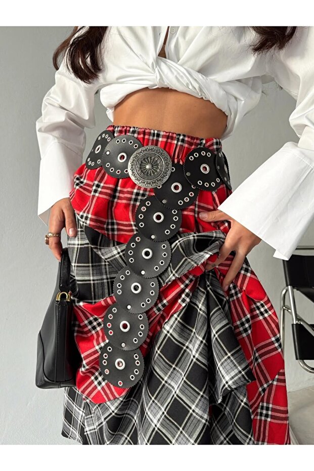 Kadın Kemerli Patchwork Ekose Maxi Etek - 5