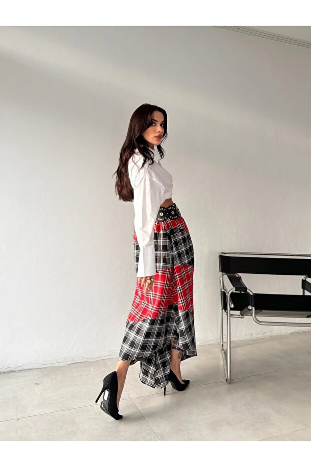 Kadın Kemerli Patchwork Ekose Maxi Etek - 3