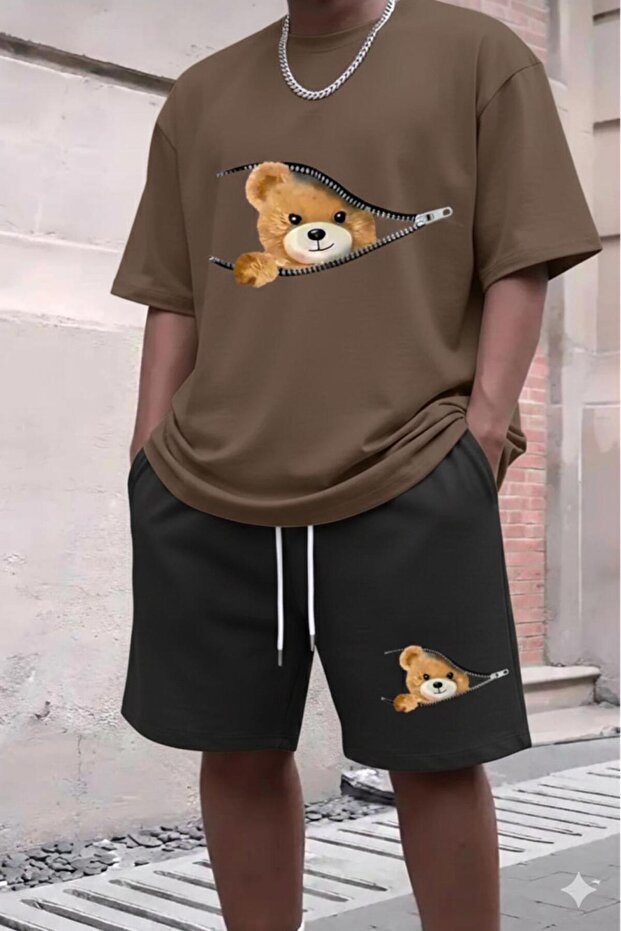 Men's Brown Zippered Teddy Bear Printed T-Shirt Black Combed Cotton Short Set