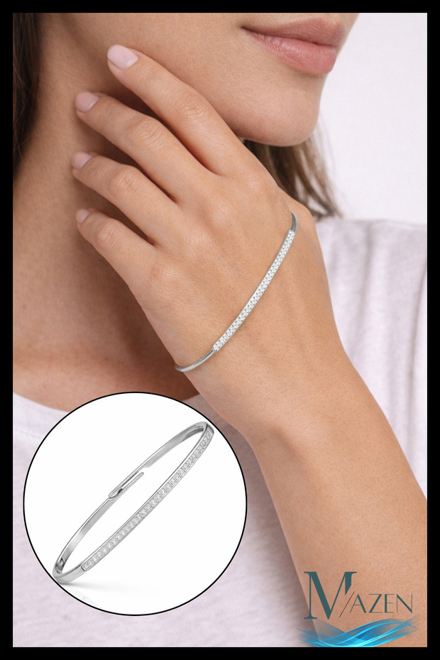 Zircon Stone Handcuff Bracelet | Stylish Hand-Designed Silver Color