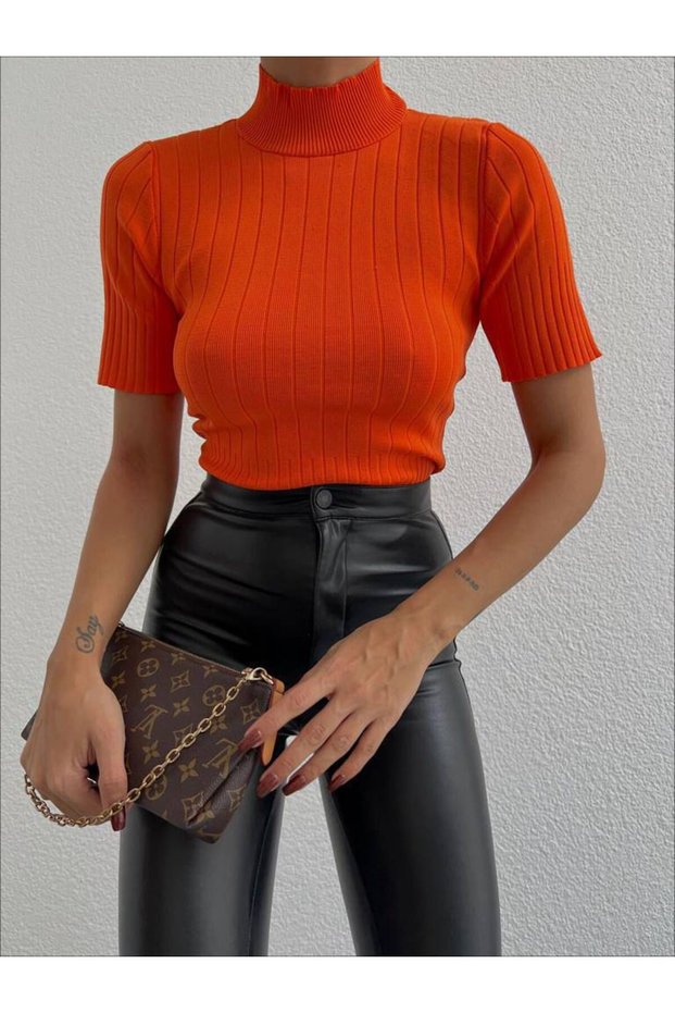 Women's Orange Half-High Collar Short Sleeve Ribbed Knit Blouse