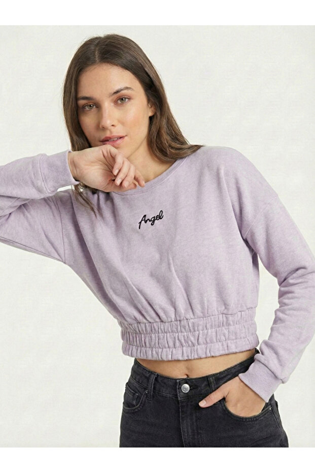 Women's Lilac Elastic Waist Crop Sweatshirt Nj89