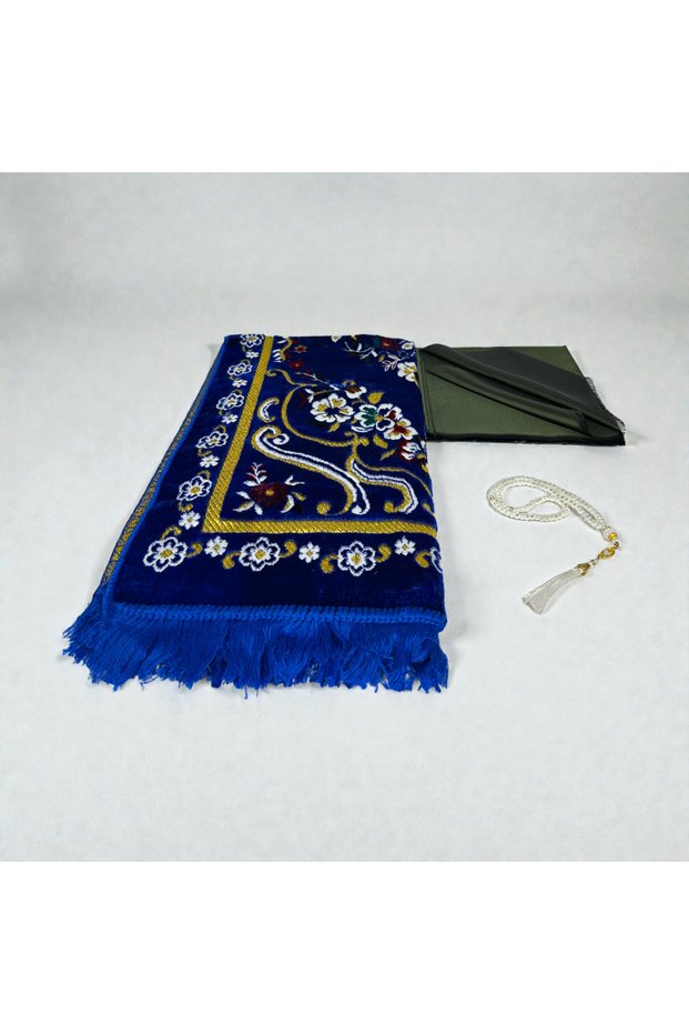 Scarf Set with Bag – Velvet Prayer Rug, Flared Cotton Scarf, and Prayer Beads | Blue