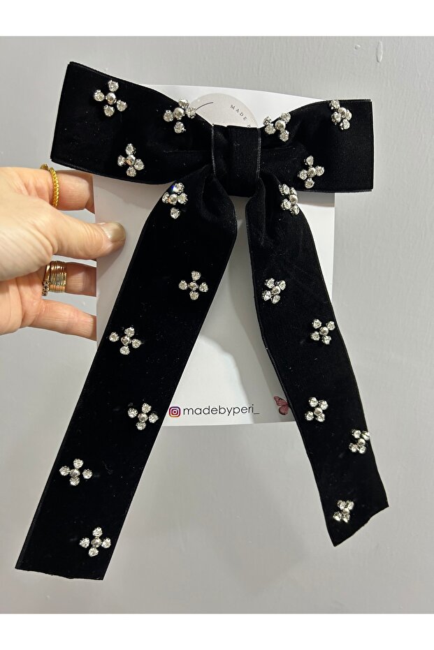 Luxury Black Velvet Stone Embellished Long Bow Hair Clip