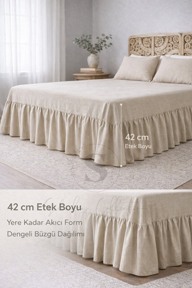 Buldan Linen 3-Sided Gathered Bed Base Skirt with Pillows Hotel Style Decoration Set 90 X 200
