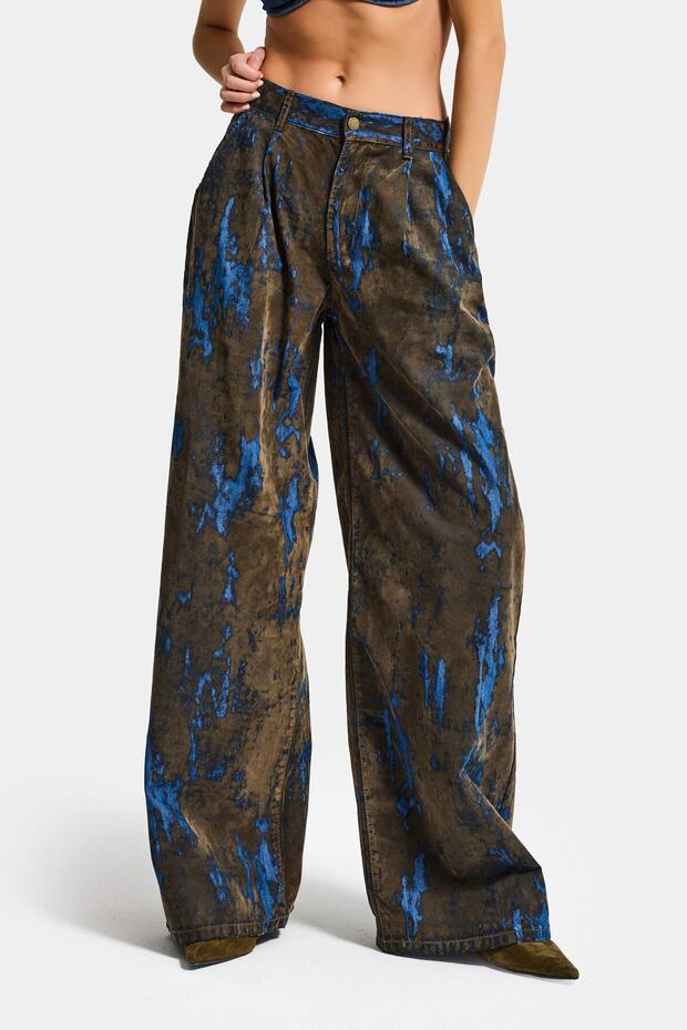 Women's Brown Blue 1s6-15 Palazzo Fit Loose Fit Special Flock Fabric Design Denim Jeans