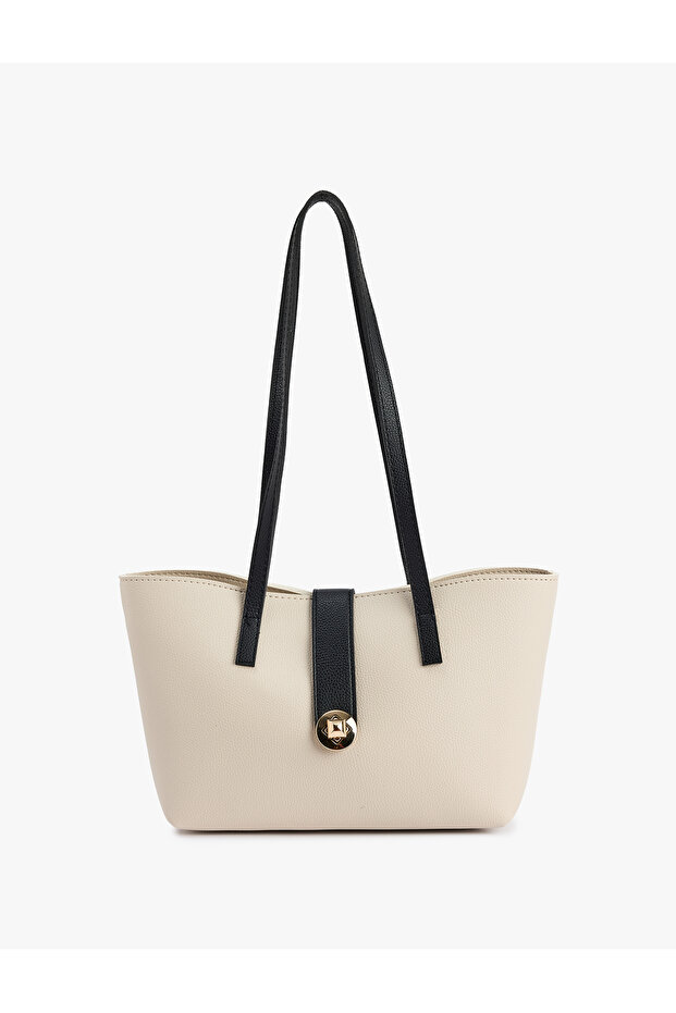 Faux Leather Tote Bag with Metal Accessories Handle