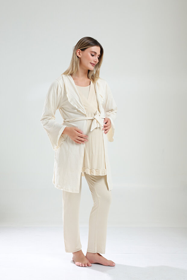 3-Piece Maternity Pajama Set - Maternity Pajama Set with Breastfeeding Function - Cream Ruffle Detail