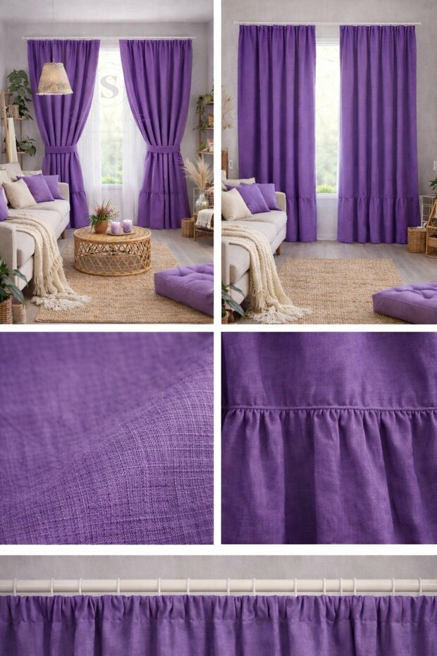 Natural Vintage Purple Linen Curtain with Ruffles at the Bottom (Width X Length)-Single Panel-Without Pleats