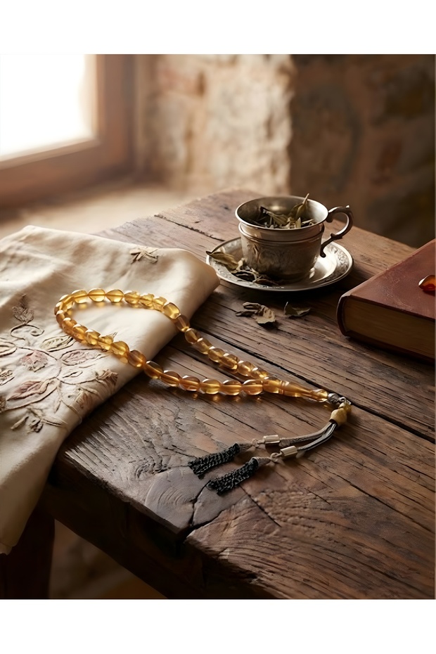 Premium Gift Transparent Fire Amber Prayer Beads - Capsule Cut & Tasseled - (Honey Fire)