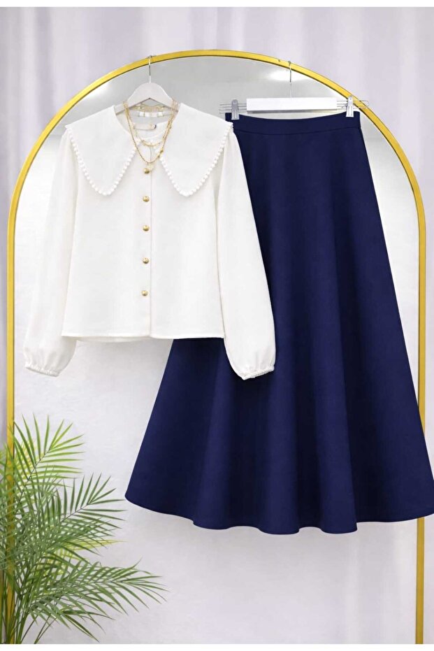 Women's Collar Scallop Detailed Shirt - Puff Scuba Skirt Set -0490