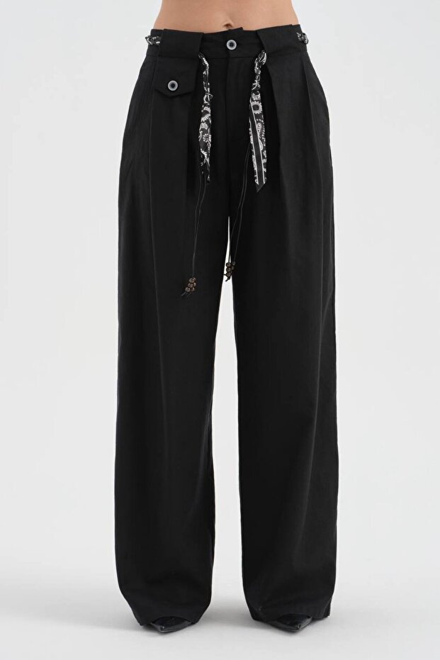 Women's Linen Fabric Design with Detachable Belt and Wide Leg Pants