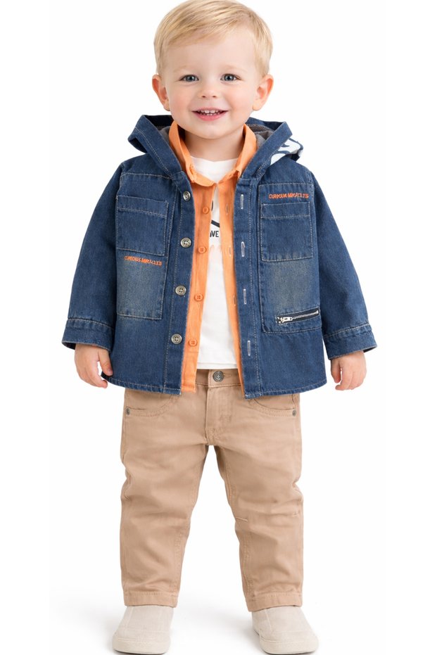 Boy's Pocket Detailed Denim Jacket Long Sleeve Shirt T-Shirt Linen Trousers Stylish Four-Piece Set