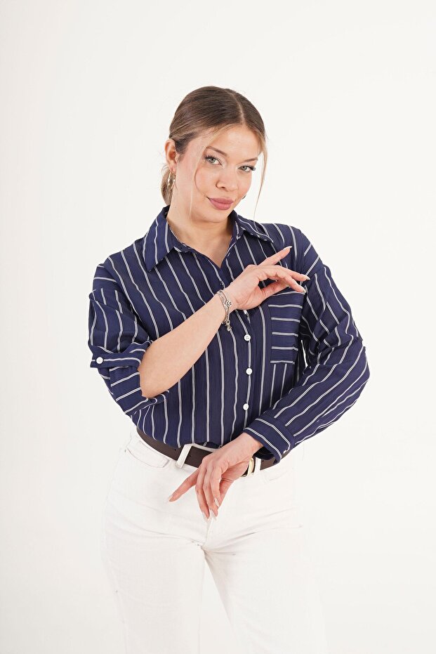 Striped Navy Blue Shirt with Pocket Detail