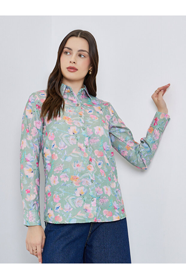 Women Green Floral Print Button-Down Shirt