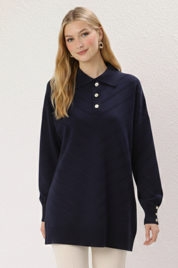 Patterned Hijab Tunic N3304 Navy Blue