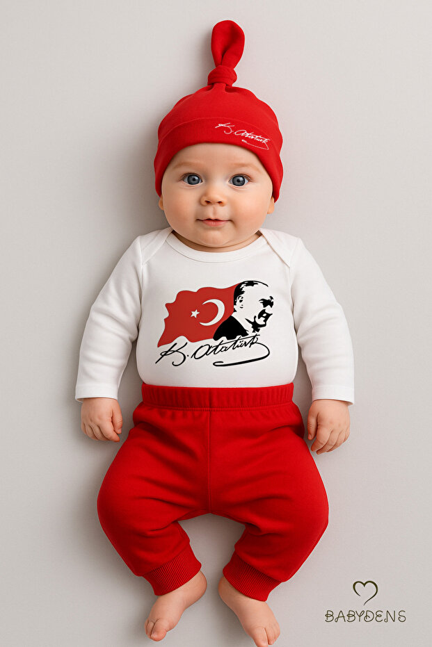 BABYDEN'S Atatürk Baskılı 3’lü Bebek Takımı %100 Pamuk Uzun Kollu Çıtçıtlı Body Pantolon Şapka Yenidoğan Seti