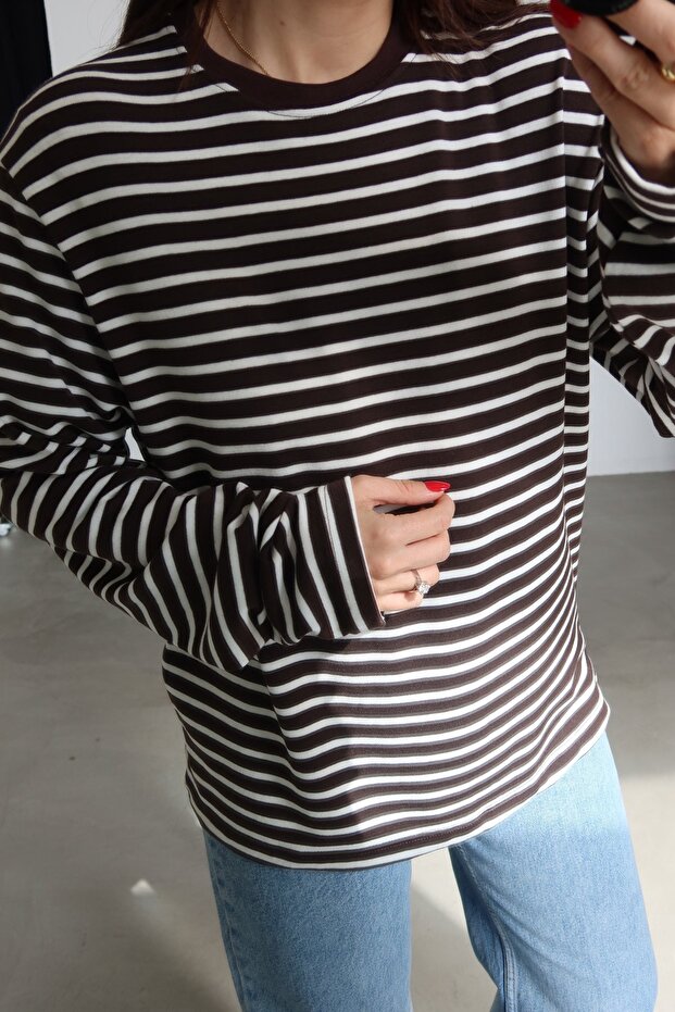Çizgili Oversize Basic Sweat - 3