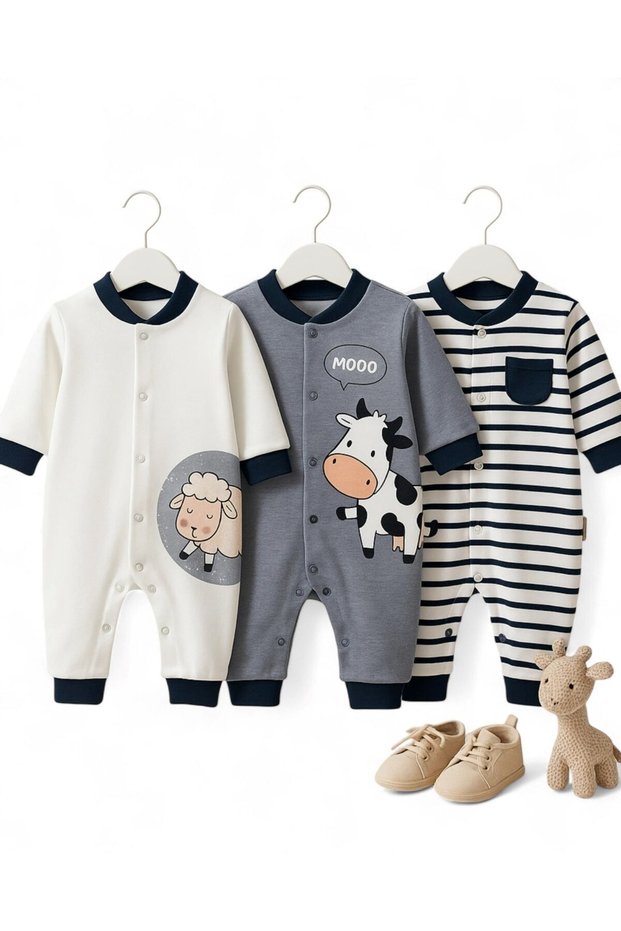 Baby Girl and Boy 0-3 / 3-6 / 6-9 Months Cow and Lamb Printed 3-Piece Jumpsuit Set with Bottom Zipper