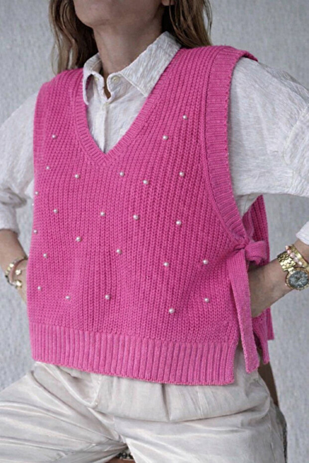 Pearl Detailed Side Tie Sweater