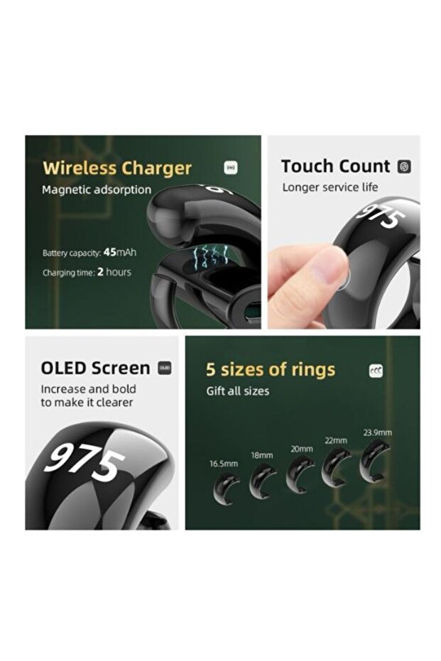 خاتم تسبيح ذكي ، متعدد المقاسات – شاشة OLED، بلوتوث، اسود - 4