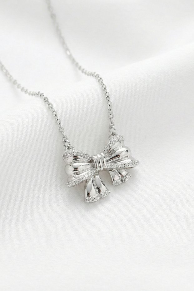 Bow Model Zircon Stone Silver Color Stainless Steel Women's Necklace