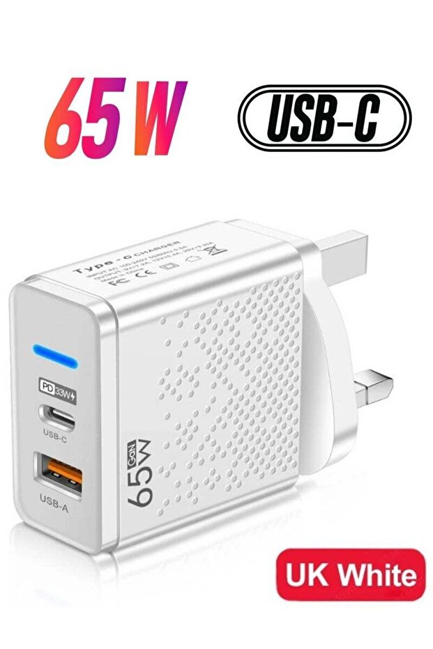 65W GaN Fast Charger – Dual-Port USB-C & USB-A Power Adapter Wall Plug – Compact PD Charging Block