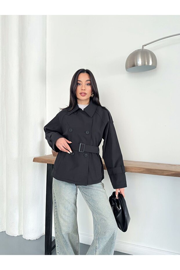 Belted Buttoned Trench Jacket - 3