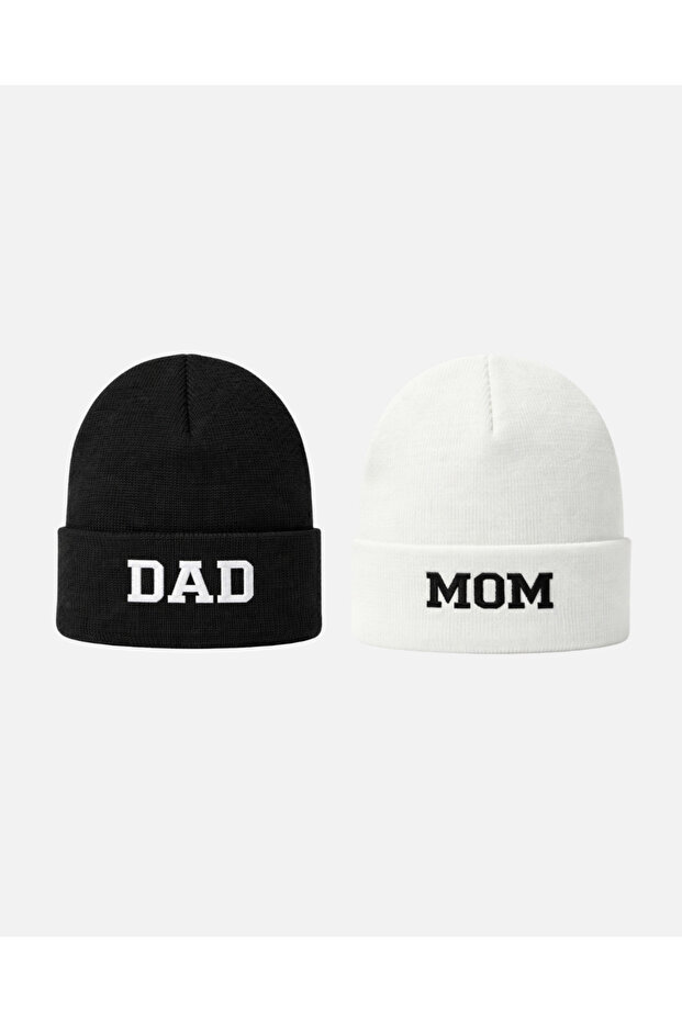 Dad Mom Embroidered Beanie Set of 2 / Dad Mom Beanie Set Embroidered Hat Set