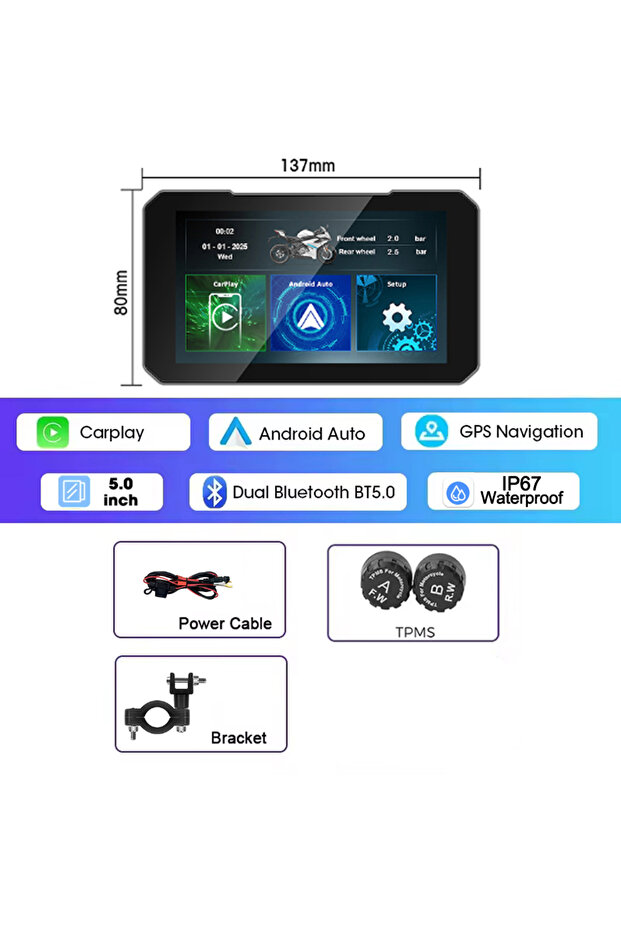 شاشة سيارة ودراجة نارية مقاس 5 بوصات تدعم CarPlay اللاسلكي وAndroid Auto، مقاومة للماء بمعيار IP67