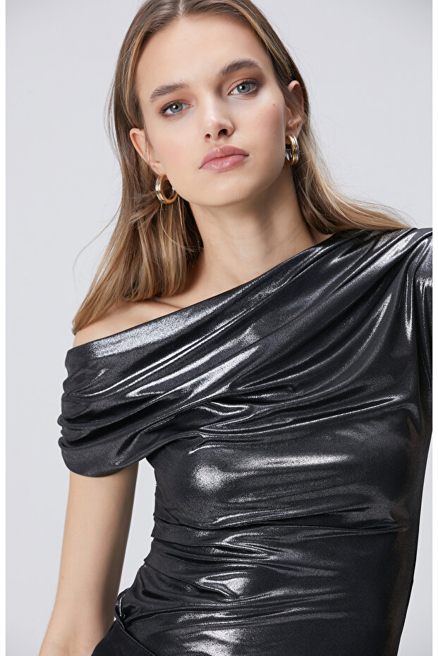 Siyah Antrasit Parlak Drapeli Örme Bluz - 2
