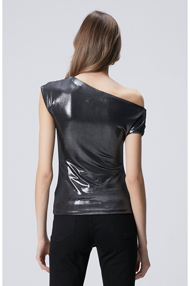 Siyah Antrasit Parlak Drapeli Örme Bluz - 5