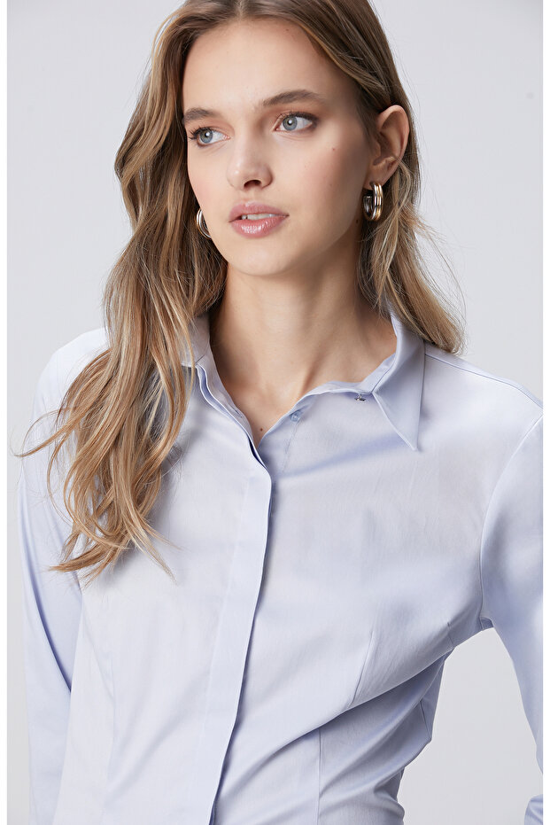 Açık Mavi Pamuk Saten Basic Gömlek - 2